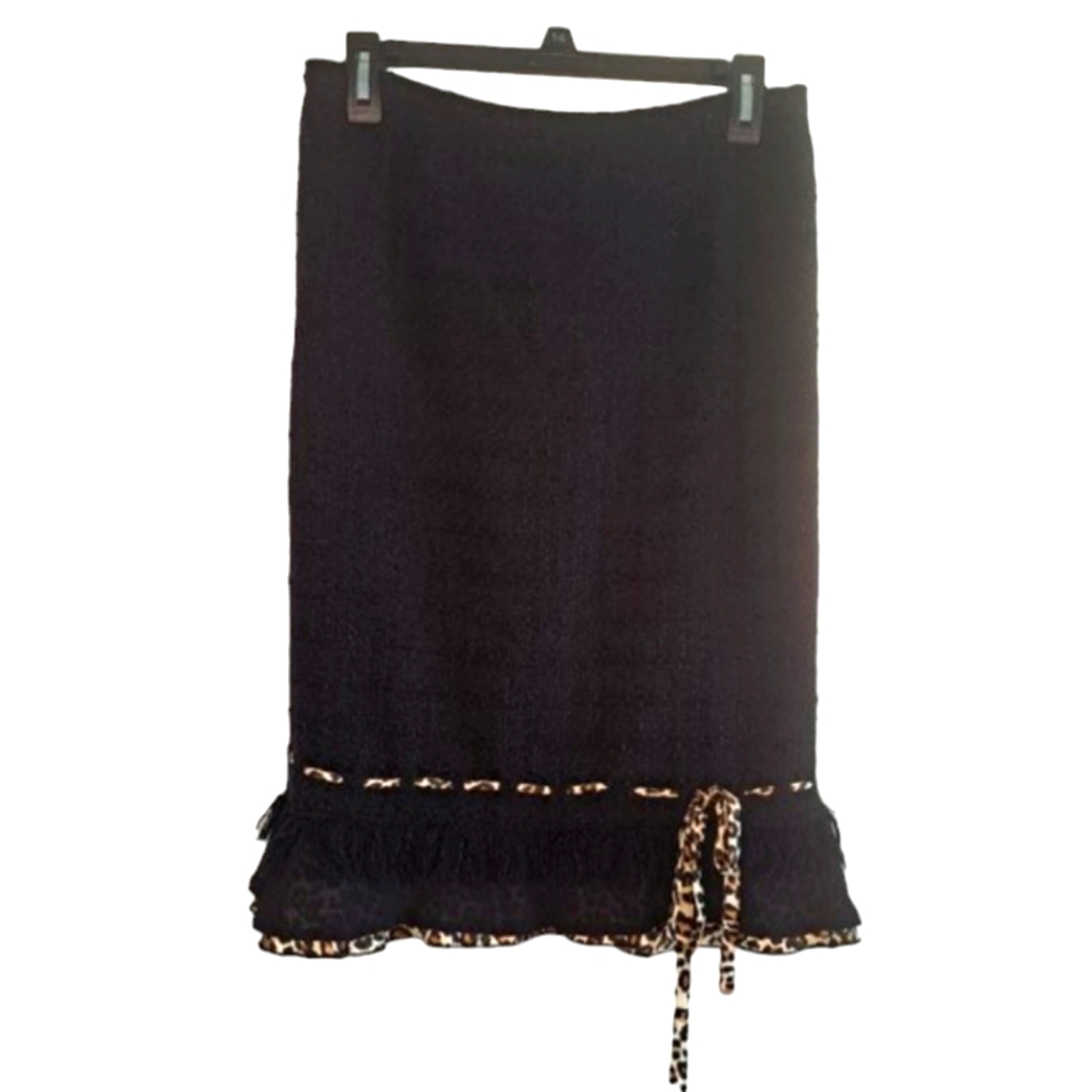Anthea Crawford Black Woven Textured Pencil Skirt Leopard Print Trim Size 12
